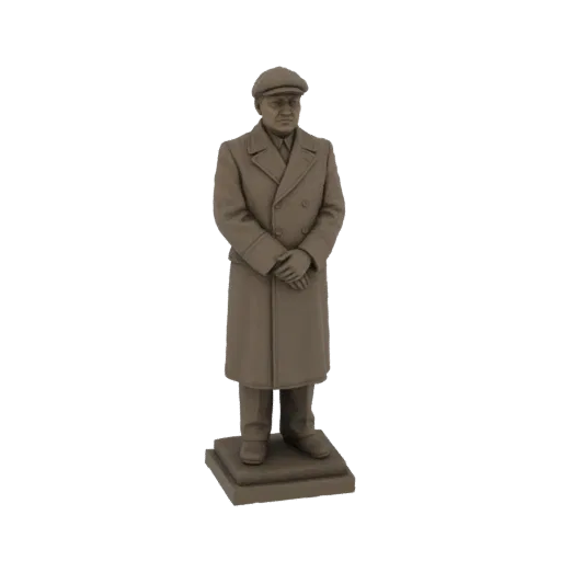 3D model render of a man wearing a trench coat and flat cap, standing with hands clasped.