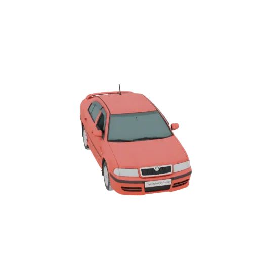 A 3D model of a coral red hatchback sedan, viewed from a three-quarter front angle.