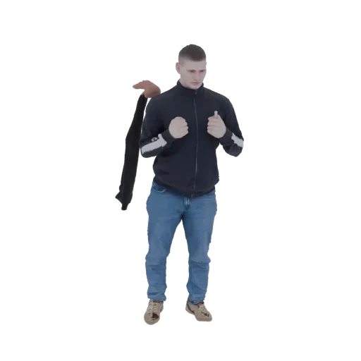 Render de modelo 3D de un hombre joven con chándal azul y vaqueros, sosteniendo un bolso negro.
