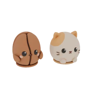 A 3D render of two kawaii characters: a brown coffee bean with rosy cheeks and a cream-colored cat with orange patches, both