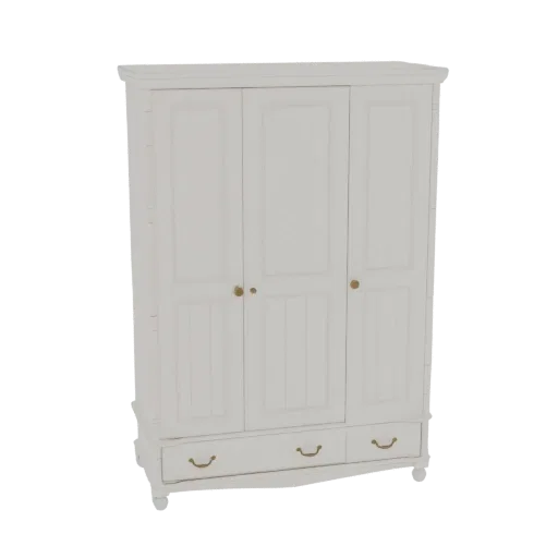 A 3D render of a classic white three-door wardrobe with gold handles and two drawers, set against a white background.