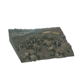3D-Modell eines Fantasy-Diorama-Geländes mit alten Ruinen, verstreuten Felsen und zahlreichen scharfen, weißen, spitzenartige