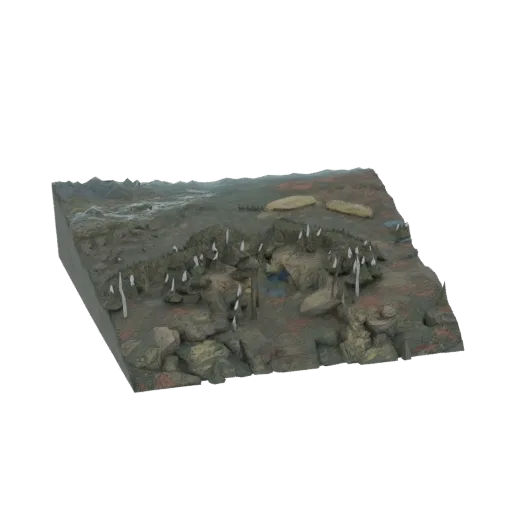 3D model of a fantasy diorama terrain with ancient ruins, scattered rocks, and numerous sharp white spike-like structures ris