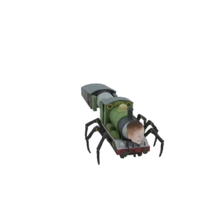 Modelo 3D de um trem verde com pernas de aranha e cabeça de bebê, renderizado em fundo branco.