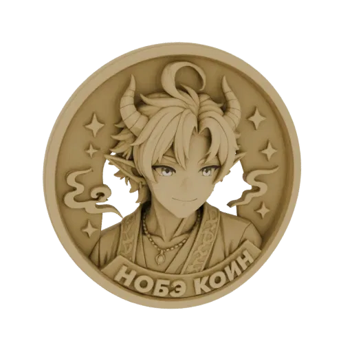 3D model render of a stylized anime demon boy with horns and pointed ears, depicted in relief on a coin with celestial motifs