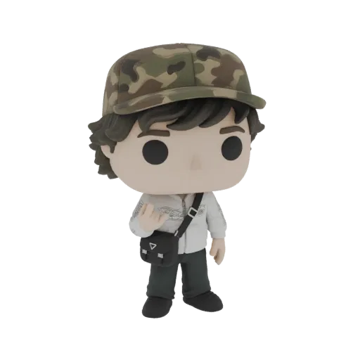 Modelo 3D de un joven con gorra de camuflaje y bolso mensajero negro, al estilo de un coleccionable Funko Pop.