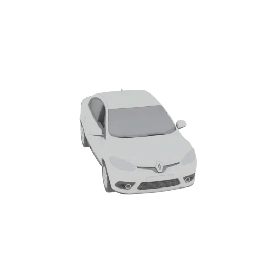 Ein 3D-Modell eines weißen Renault Fluence Limousinen, von vorne links leicht erhöht gegen einen schlichten Hintergrund betra