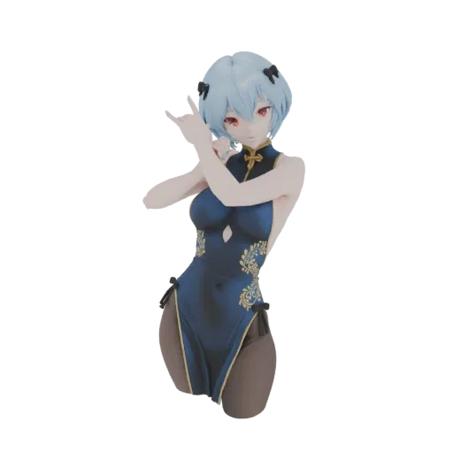 3D model of Rei Ayanami in a blue Chinese dress with gold accents, striking a pose.
