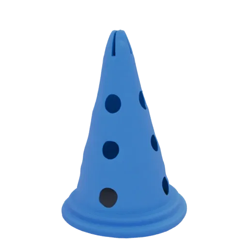 A 3D render of a bright blue party cone with dark blue polka dots, standing upright against a white background.