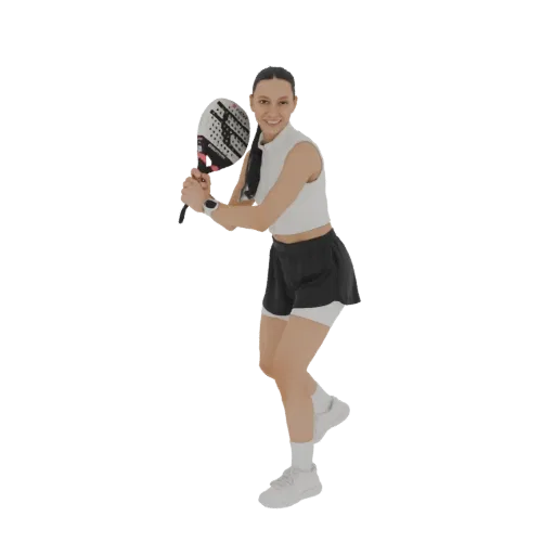 Modello 3D di donna in abbigliamento sportivo, con racchetta da padel e in posizione di gioco, su sfondo bianco.