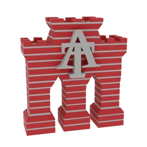 3D model of a red and white striped fortress gate with a prominent 'AT' monogram on its facade.