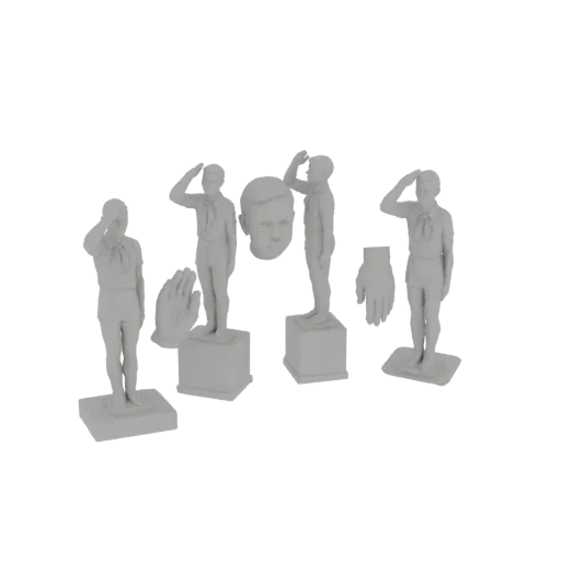 Un rendu 3D d'un ensemble de miniatures de scouts en pose de salut, une tête détachée et des mains séparées, le tout dans un