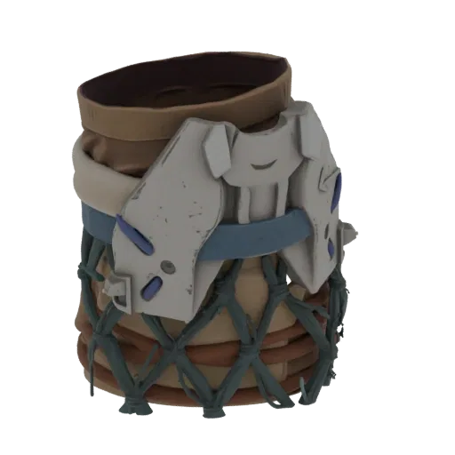 3D model of a fantasy warrior's pouch with woven cord details and metallic accents.