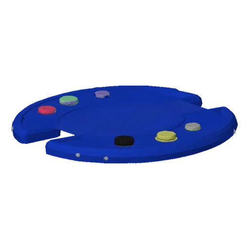 3D model of a blue game center with round, multi-colored buttons arranged around the perimeter