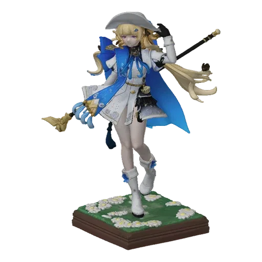 3D model of Lumine, the Traveler from Genshin Impact, in a dynamic pose with her staff and a base decorated with white flower