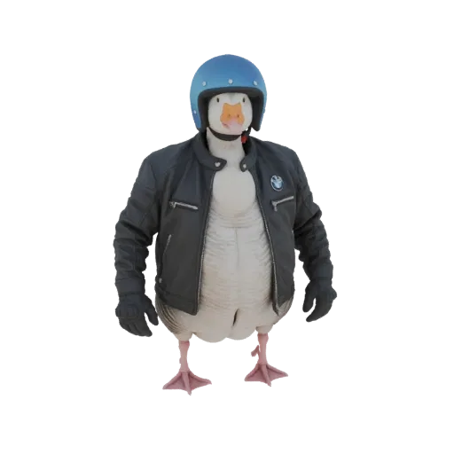 3D-Modell einer Gans mit blauem Helm und schwarzer Leder-Bikerjacke, die auf ihren Beinen steht.