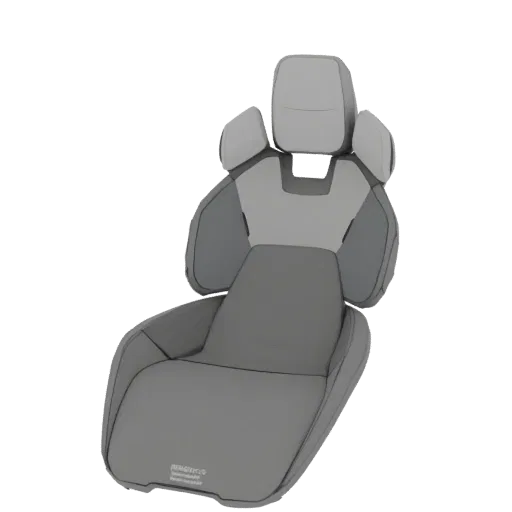 A 3D model of a modern car seat with a two-tone grey design, featuring a sculpted headrest and side bolsters.
