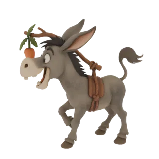 Modelo 3D de um burro cartoon com uma cenoura em um palito, com aparência ansiosa e brincalhona.
