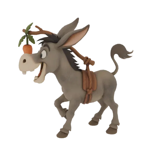 3D model of a cartoon donkey with a carrot on a stick, looking eager and playful.