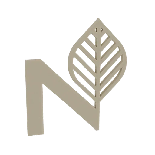 3D-Render eines stilisierten 'N'-Logos mit Blattdesign, präsentiert in einem neutralen Beige auf weißem Hintergrund.