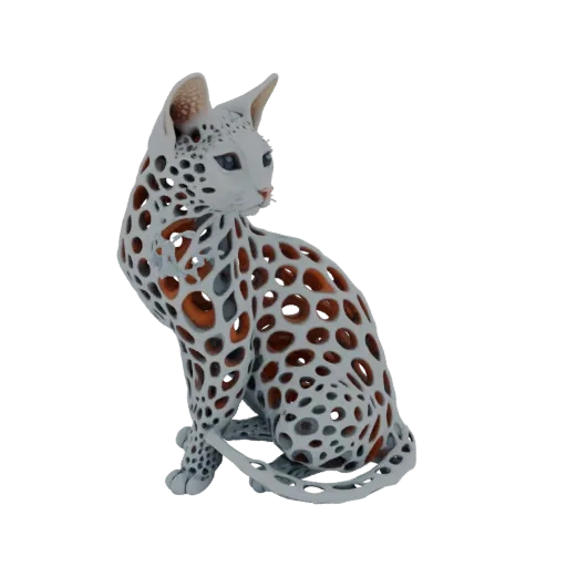 3D model of a white cat sculpture with a hollowed body and a spotted pattern, sitting and looking to the side.