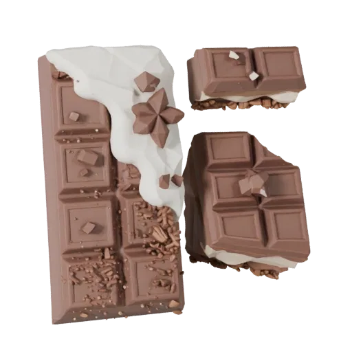 Barra de Chocolate Modelo 3D Low Poly, vista em três quartos do viewport do jogo, mostrando silhueta de comida doce e cremosa