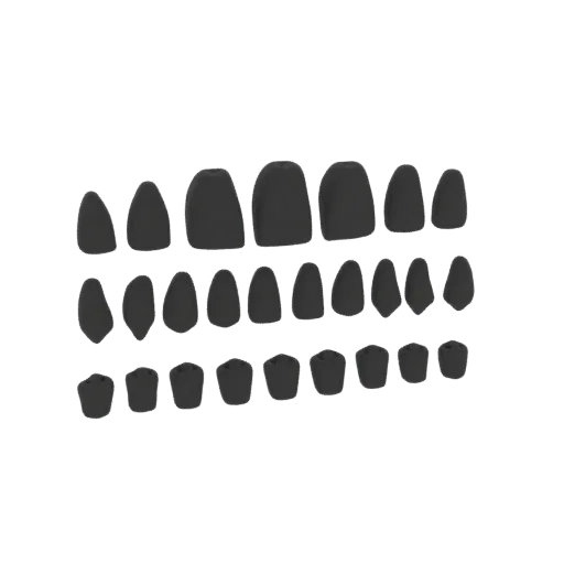 3D model of a collection of dark gray dental crowns arranged in rows.