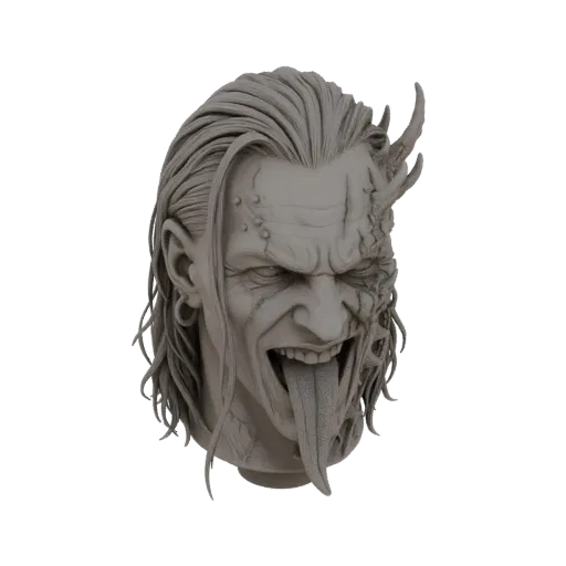 Rendering di un modello 3D di testa di guerriero demoniaco con corna affilate, lingua lunga estesa e pelle segnata, su sfondo