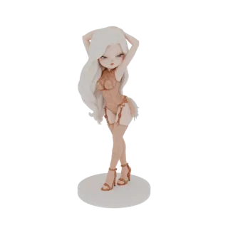 3D-Modell einer glamourösen Puppe mit weißen Haaren, trägt aufreizende Dessous und High Heels, elegant posiert auf einem weiß