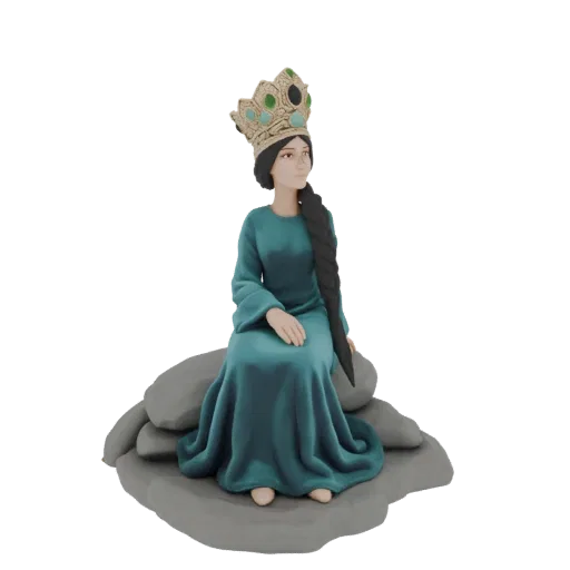 3D model of a queen with a jeweled crown sitting on grey rocks, wearing a teal gown.