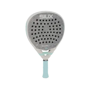 3D model of the Siux Valkyria Pro 2026 Padel Racket, showing its grey hitting surface with black dots and white frame.