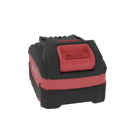 3D model of a black and red 20V power tool battery with a red release latch on top.