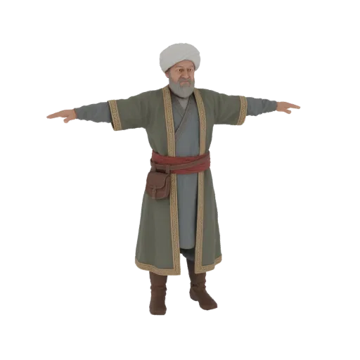 3D model of a medieval scholar wearing a turban and robes, standing in a T-pose.