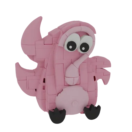 A 3D render of a pink cartoon bird made of LEGO-style bricks, with large white eyes and black pupils.
