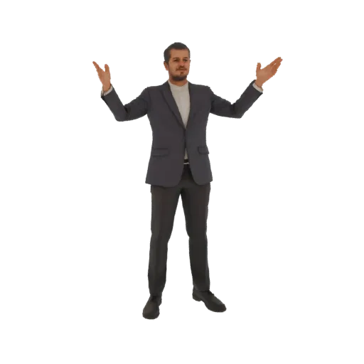 3D model of a man in a dark suit, standing with arms outstretched in a presenting gesture, against a white background.