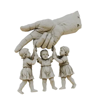 3D model of a sculpture showing three children holding up a large, textured hand against a white background.
