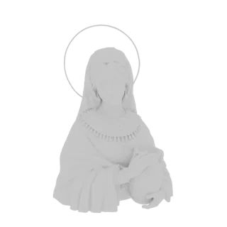 Render de modelo 3D de figura de santo blanca, sin rasgos, sosteniendo una jarra, con aureola delgada.