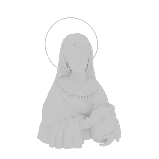 Render 3D de santo branco sem feições segurando jarro, com auréola fina.
