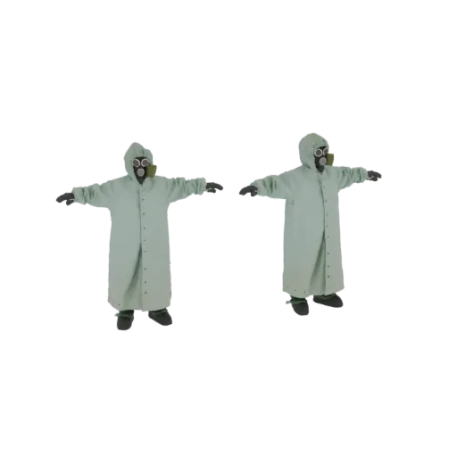 3D model preview of two figures in light green hazmat suits with gas masks, standing in a T-pose against a black background.