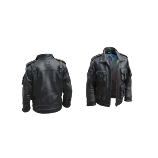 3D model of a black leather biker jacket, shown from the back and front, with a colorful inner lining visible.