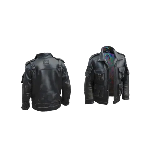 Modèle 3D d'une veste de motard en cuir noir, vue de dos et de face, avec la doublure intérieure colorée visible.