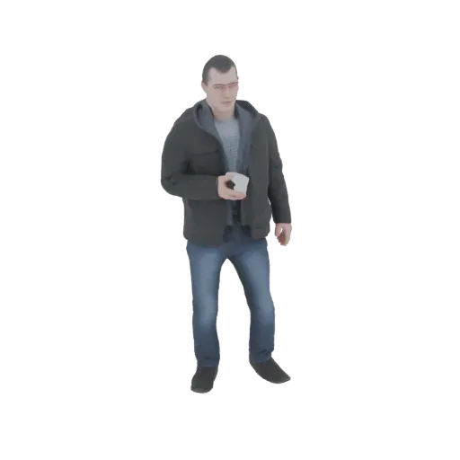 Modèle 3D d'un homme en veste sombre et jean bleu, tenant une tasse de café blanche.