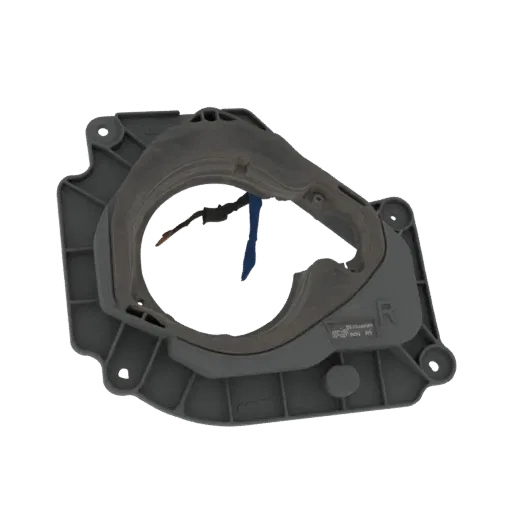 3D model of a gray automotive speaker mount bracket with a rubber gasket and visible electrical wires, marked with 'R'.