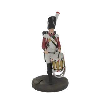 3D-Modell einer historischen Trommlerfigur in roter Uniform, die eine Trommel hält und auf einer texturierten Basis steht.