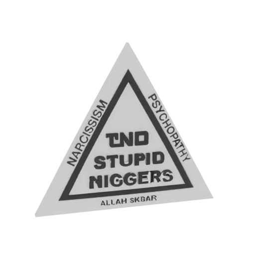 3D model of a white triangle with black text 'TND STUPID NIGGERS' in the center, and 'NARCISSISM', 'PSYCHOPATHY', and 'ALLAH
