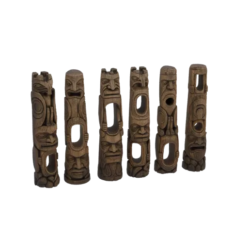A set of six intricately carved wooden tribal totem pole miniatures arranged in a row against a white background.