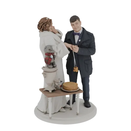 3D model of a Russian wedding cake topper with bride, groom, samovar, blini, and teddy bear.