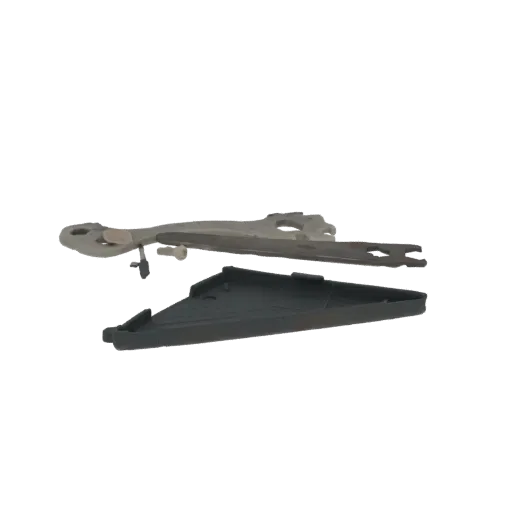 3D model of a dark triangular tray positioned below a complex, multi-part metal bracket.