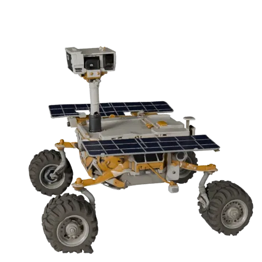 Veículo Lunar Planetário Modelo 3D Realista, renderização de estúdio em três quartos, mostrando rodas empoeiradas, postura do