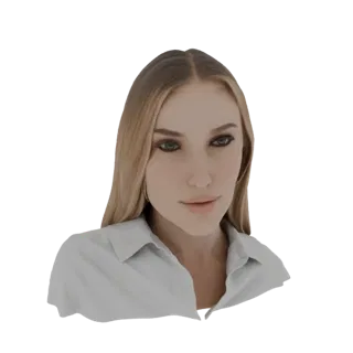 Modelo 3D de una mujer elegante con cabello rubio, vestida con una camisa blanca con cuello, mirando al espectador con una ex